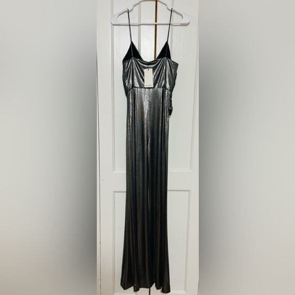 RETROFETE EVERLY METALLIC SILVER GUNMETAL FLARE WIDE LEG JUMPSUIT - Picture 11 of 15